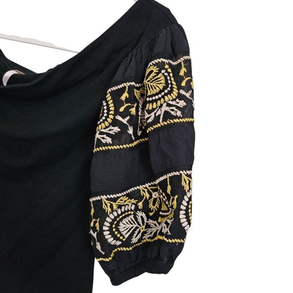 Free People Rock With It Top XS Black‎ Embroidered Off the Shoulder Boho Blouse - Picture 4 of 10